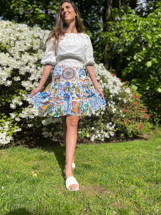 Majolica Print Ruffle Skirt