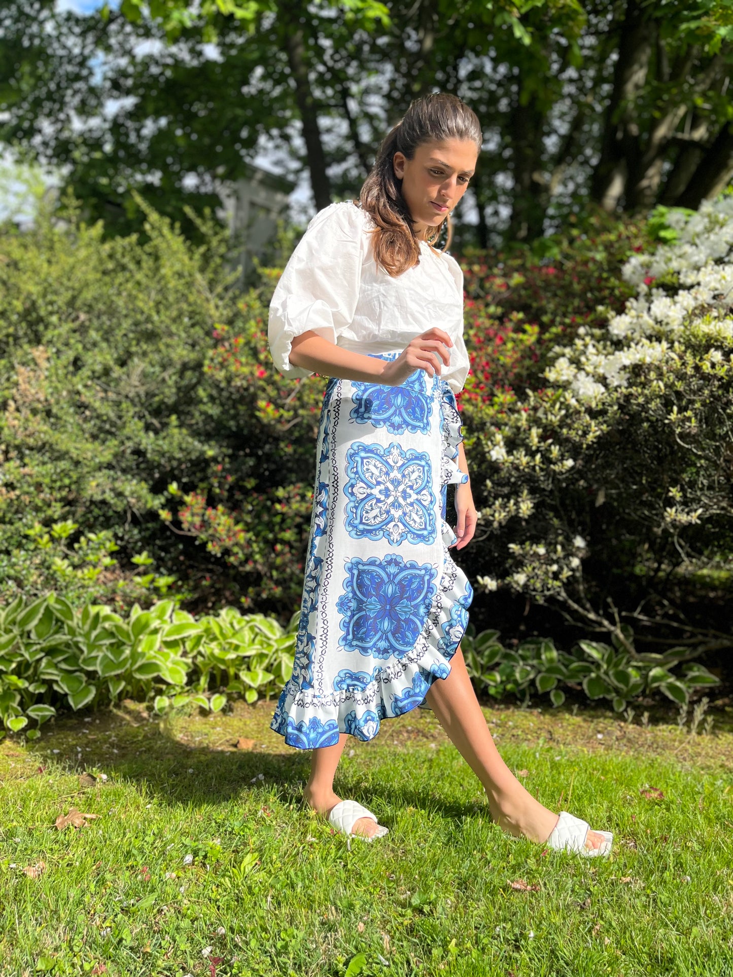 Blue and White Ruffle Wrap Skirt