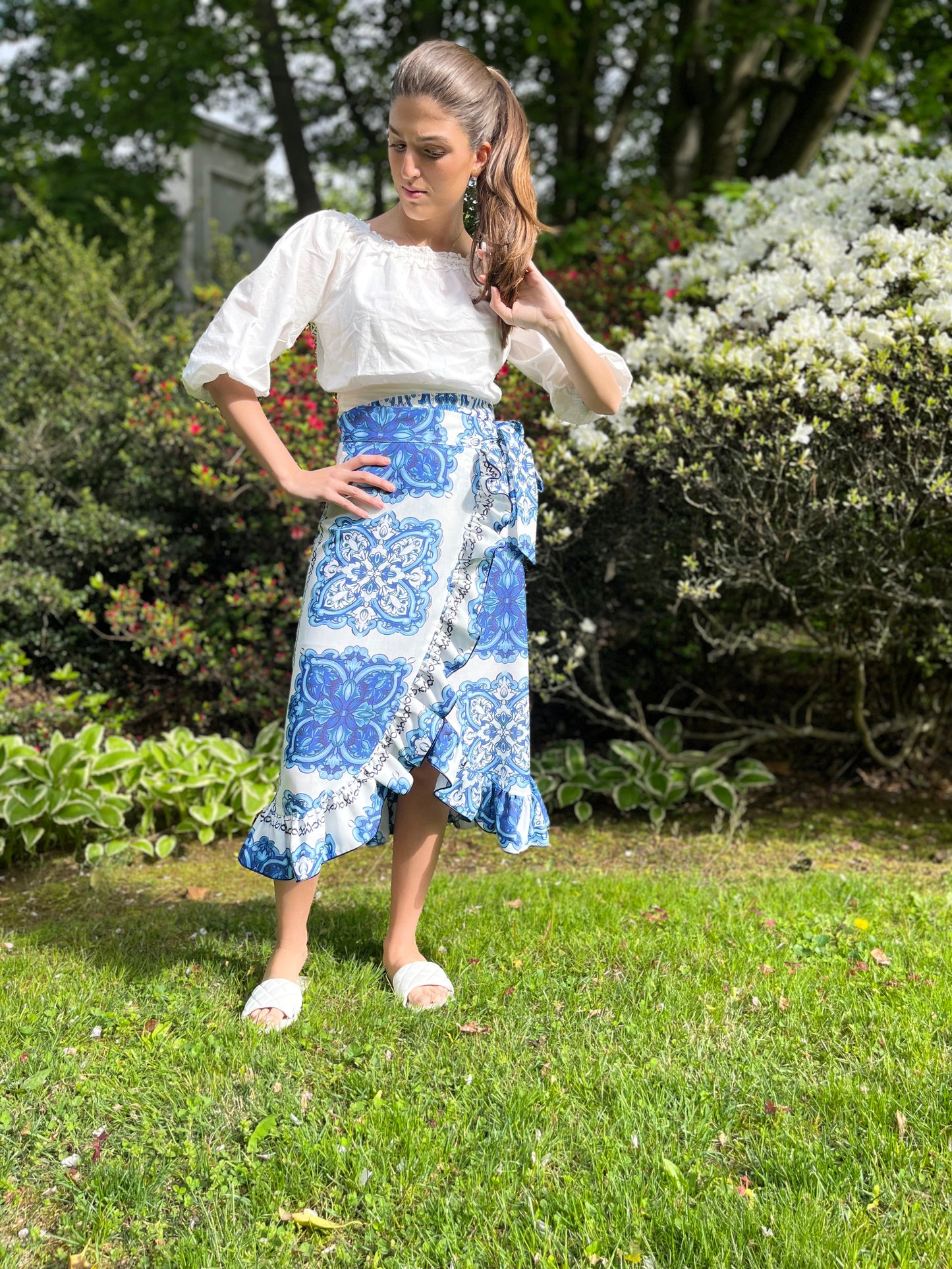 Blue and White Ruffle Wrap Skirt