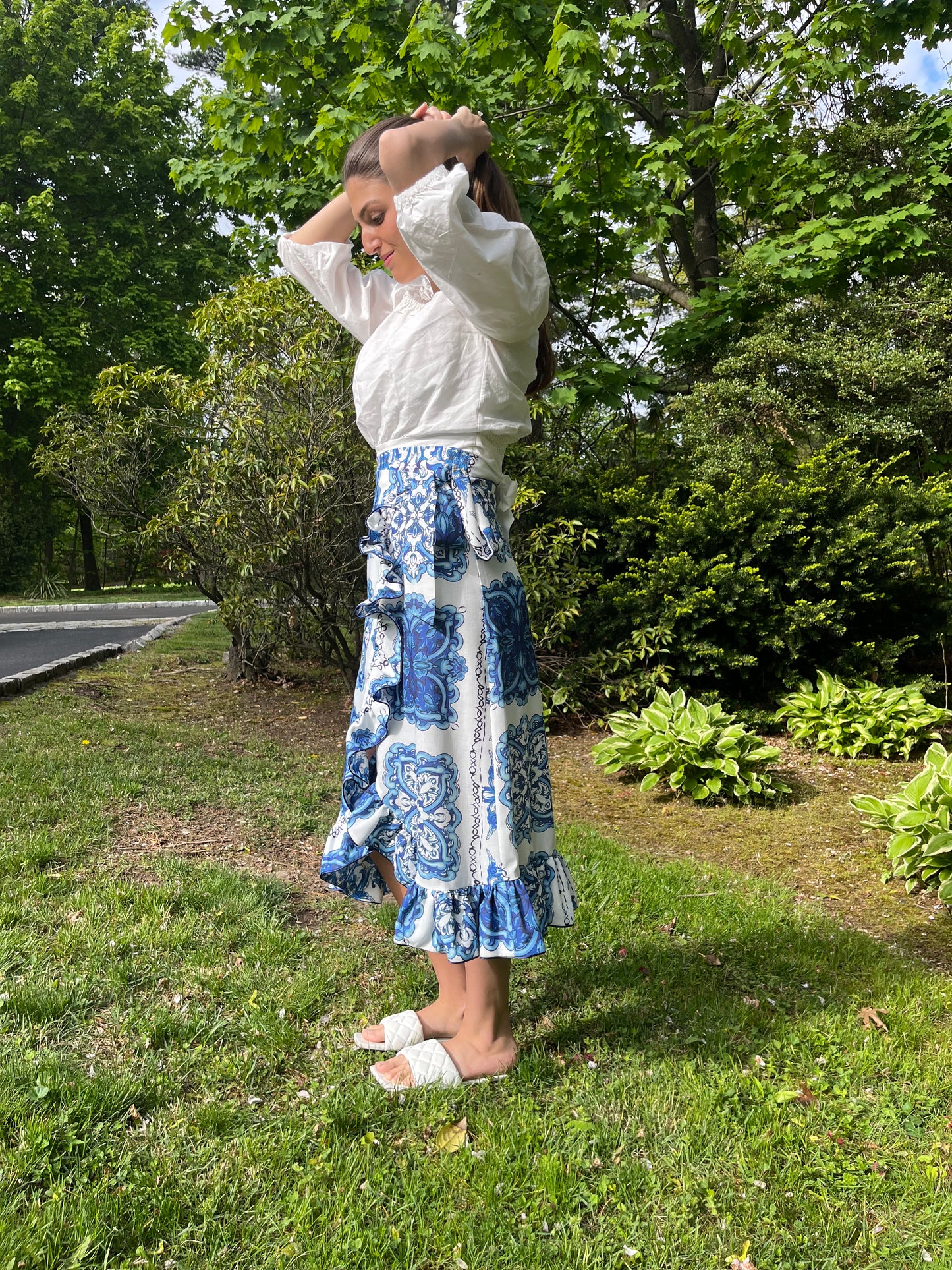 Blue and White Ruffle Wrap Skirt