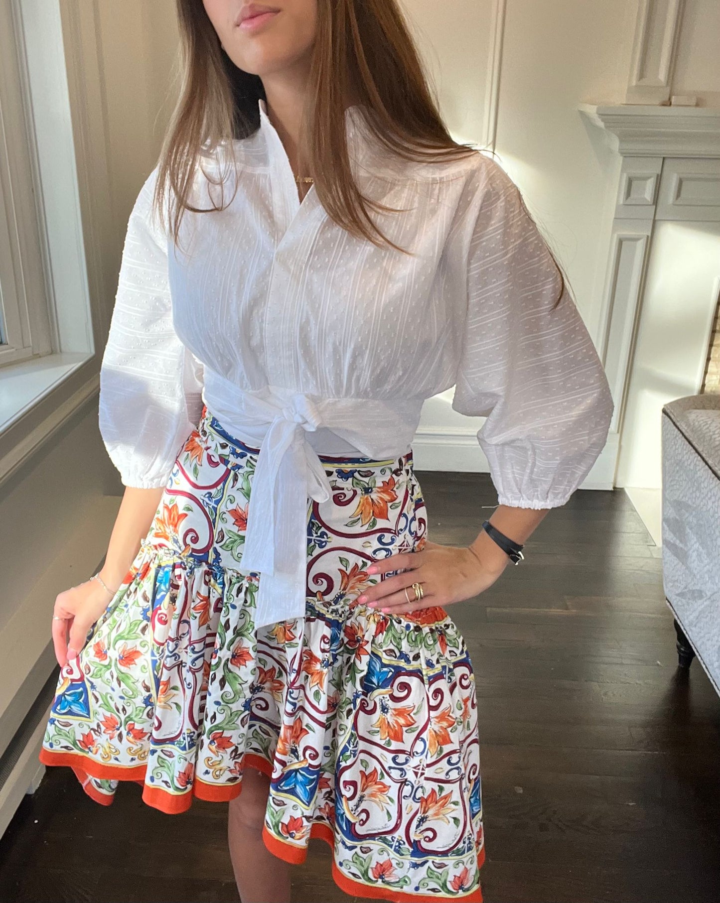 Orange/White Print Skirt